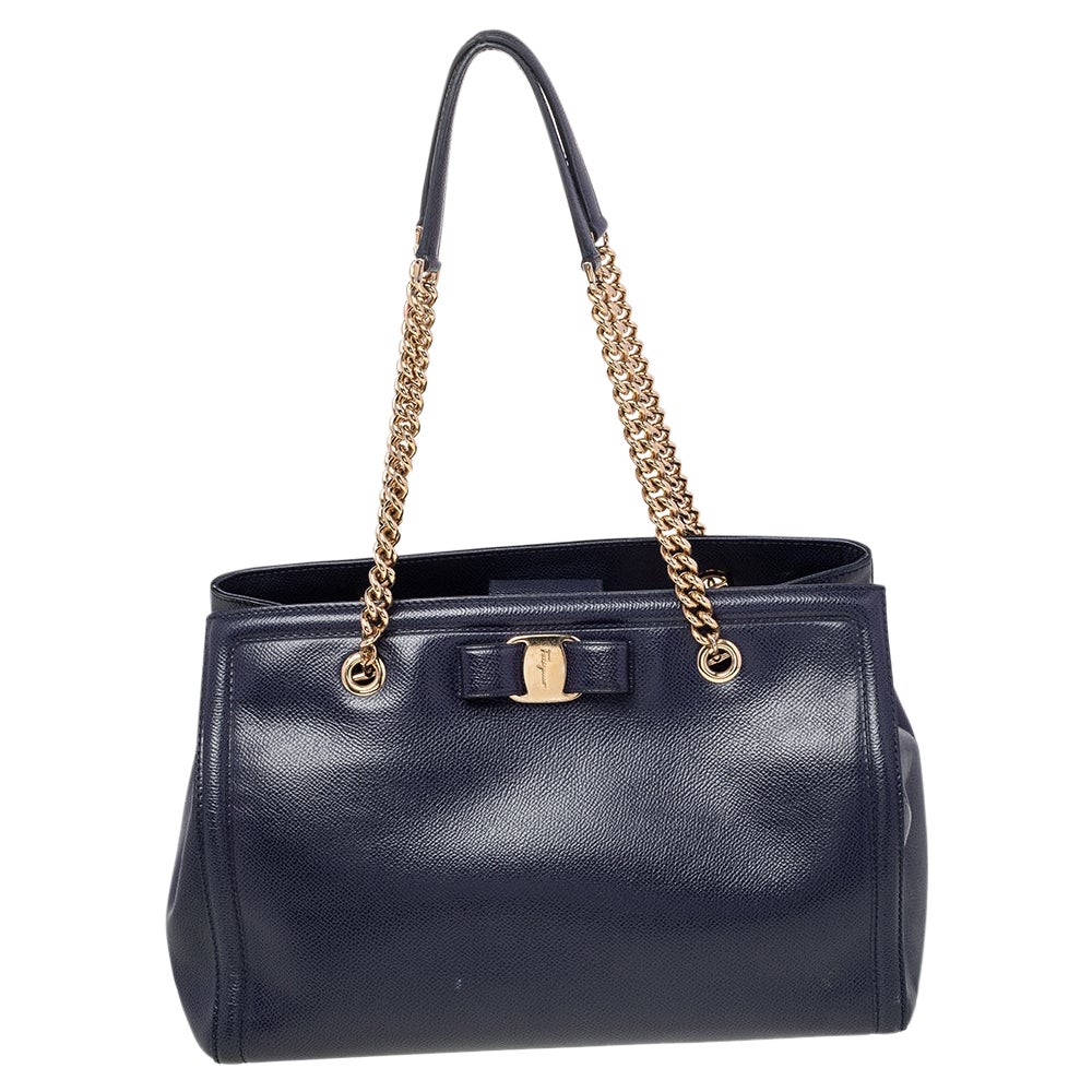 Salvatore Ferragamo Blue Leather Melike Vara Bow Chain Tote