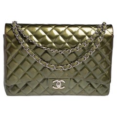 Chanel Green Quilted Patent Leather Maxi Classic Double Flap Bag