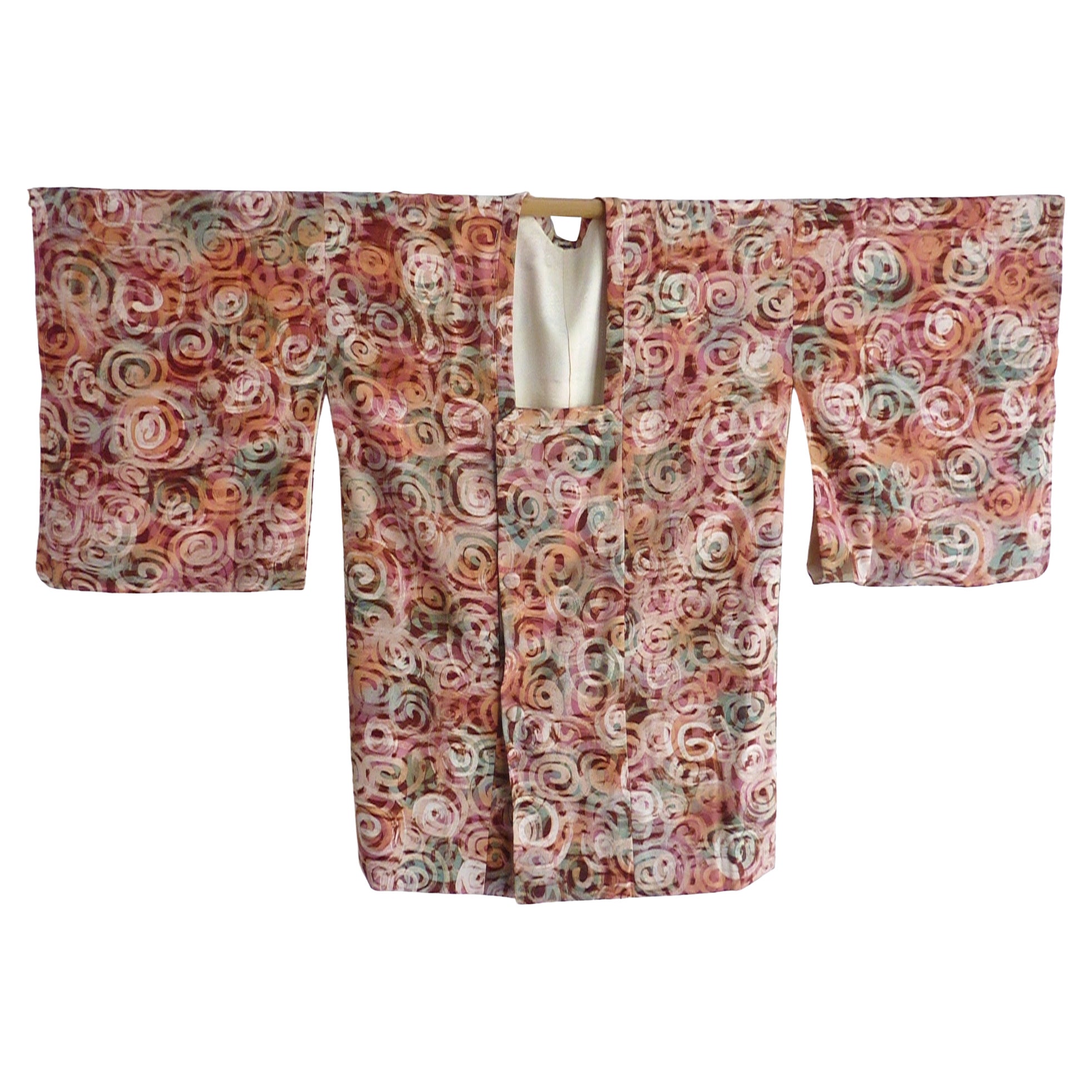 Japanese Double Breasted Vintage Swirl Print Silk Kimono Jacket For Sale