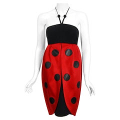 Vintage 1995 Moschino Couture 'Ladybug' Novelty Black & Red Silk Halter Dress