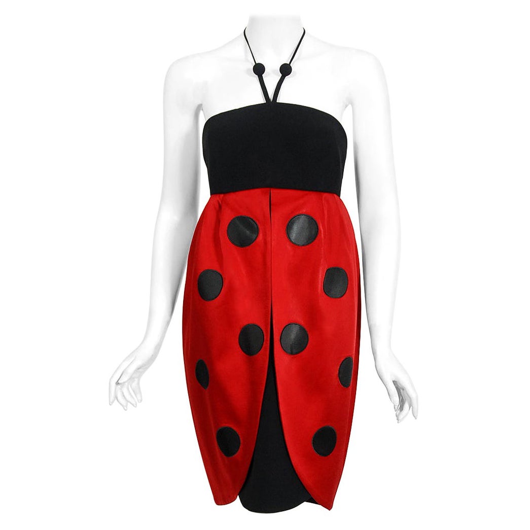 Vintage 1995 Moschino Couture 'Ladybug' Novelty Black & Red Silk Halter Dress For Sale