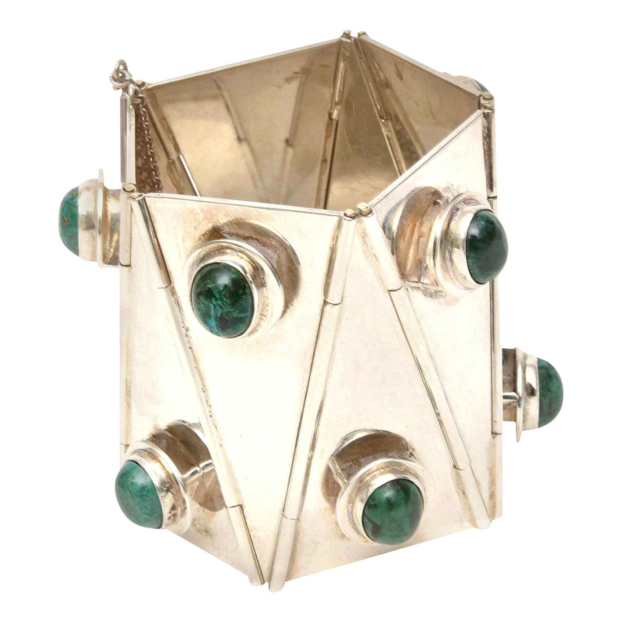 Vintage Sterling Silver & Malachite Sculptural Wide Cuff Bracelet One Of A Kind