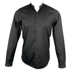 THE KOOPLES Size S Black Cotton Leather Nehru Collar Long Sleeve Shirt