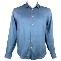 SANDRO Size XL Blue Linen Button Up Cassic Fit Shirt