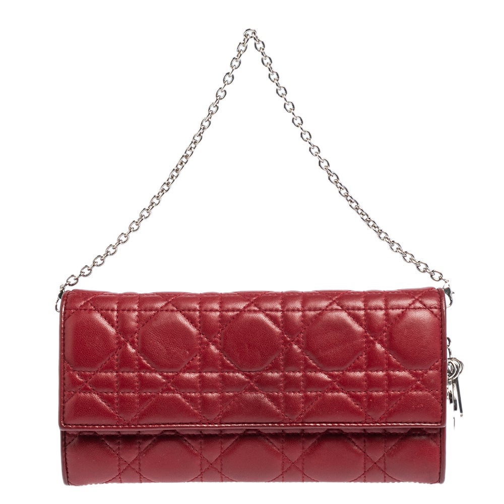 Dior Red Cannage Leather Lady Dior Wallet on Chain
