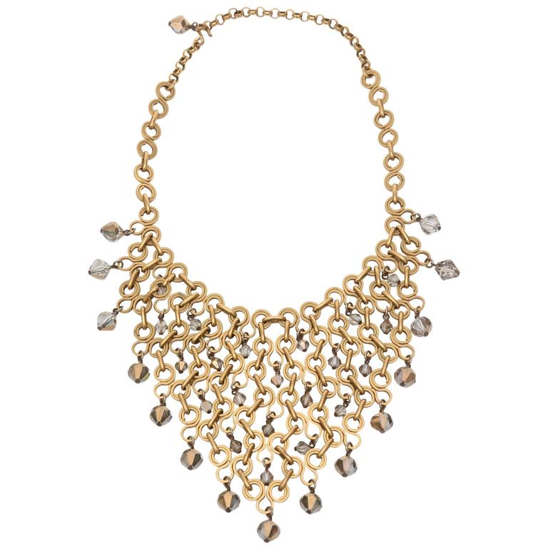 French Geometric Brass and Swarovski Faceted Crystal Bib Necklace For ...
