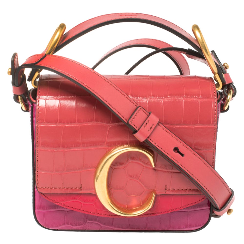 Chloe Multicolor Croc Embossed Leather Mini C Top Handle Bag