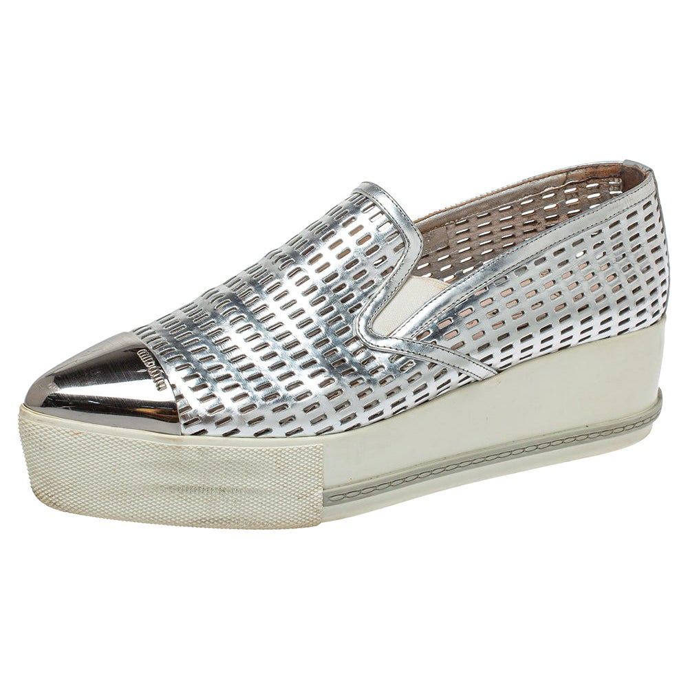 Miu Miu Silver Perforated Leather Metal Cap Toe Platform Sneakers Size 39.5