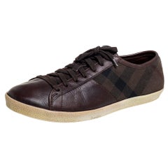 Used Burberry Brown House Check Canvas And Leather Lace Up Low Top Sneakers Size 43