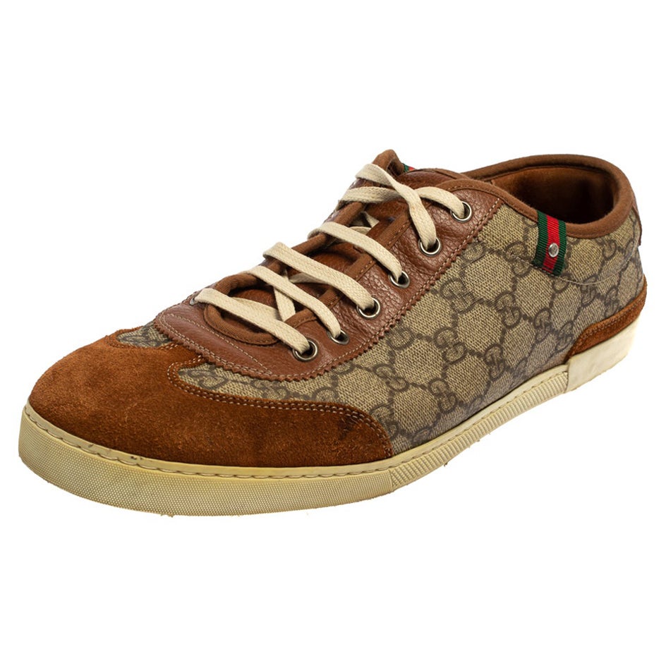Gucci Brown Suede And GG Canvas Low Top Sneakers Size 45 For Sale