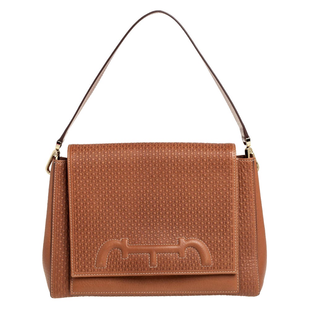Carolina Herrera Tan Monogram Leather Medium Doma Insignia Shoulder Bag ...