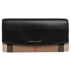 Burberry Black/Beige House Check Canvas and Leather Flap Continental Wallet