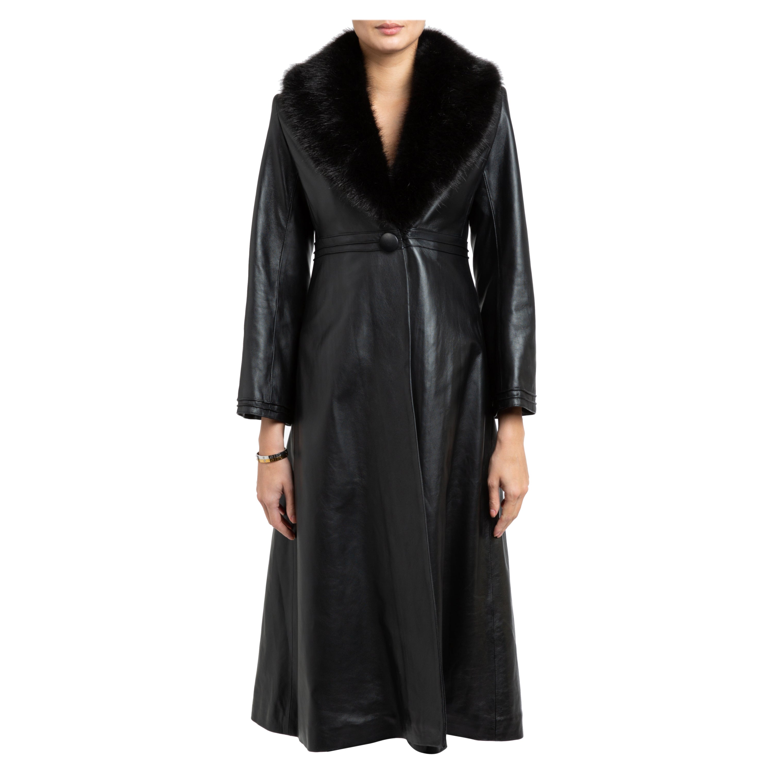 Verheyen London Edward Leather Coat with Faux Fur Collar in Black - Size uk 12 For Sale