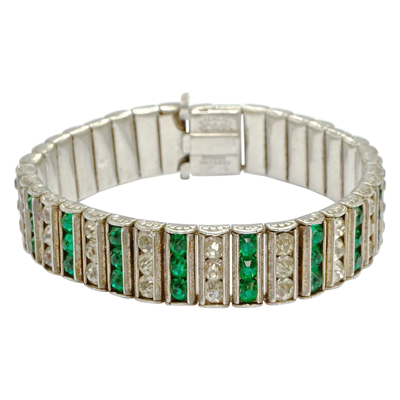 Leach & Miller Art Deco Sterling Silver Bracelet Green Clear Paste Stones 1920s