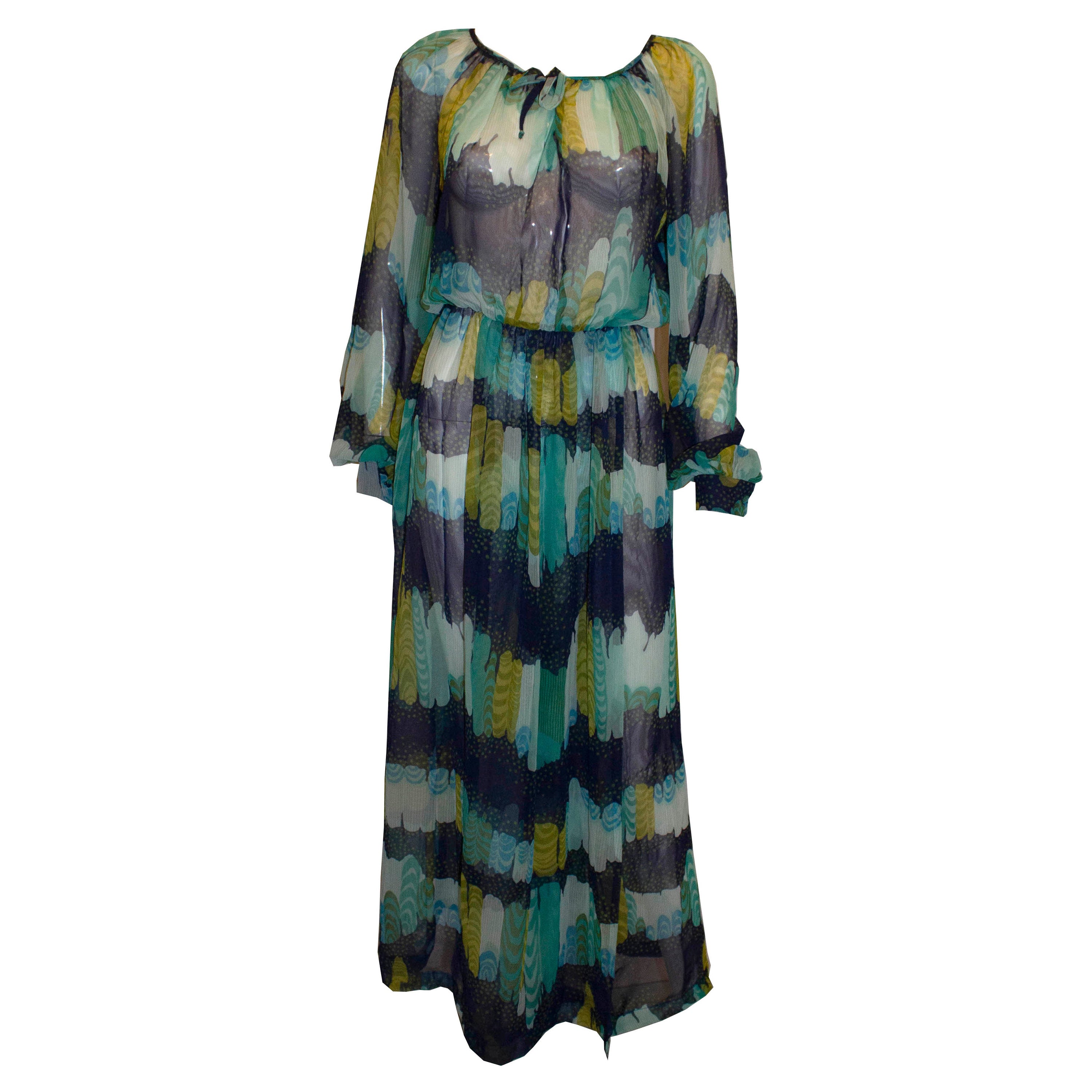 Vintage Sheer Blue , Green , Yellow and Turquoise Print Dress For Sale