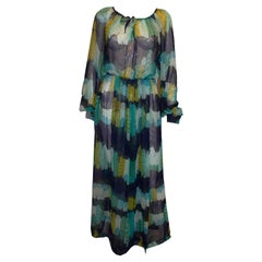 Vintage Sheer Blue , Green , Yellow and Turquoise Print Dress