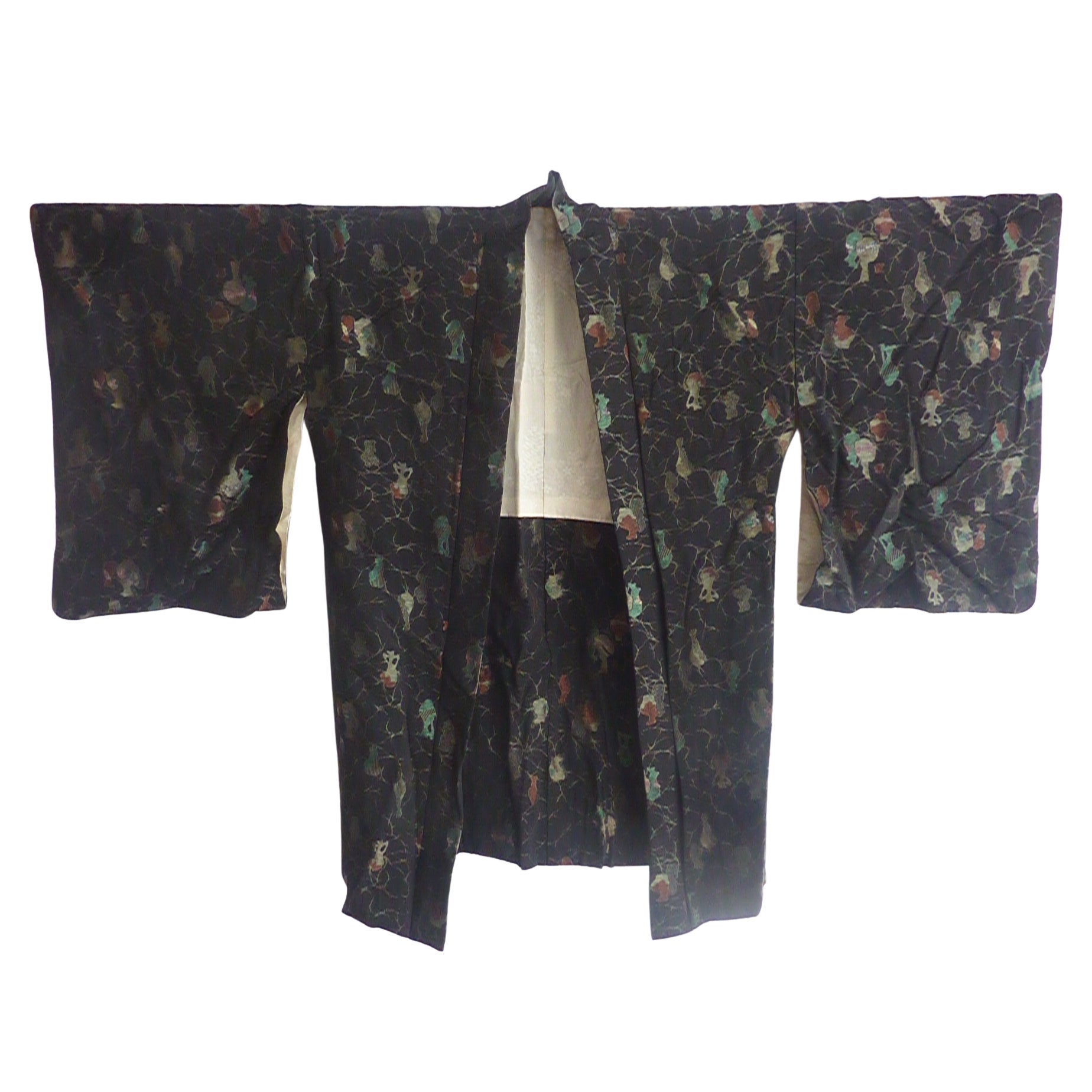 Japanese Black Silk Brocade Antique Haori Kimono Jacket lined in Sakura Jacquard For Sale