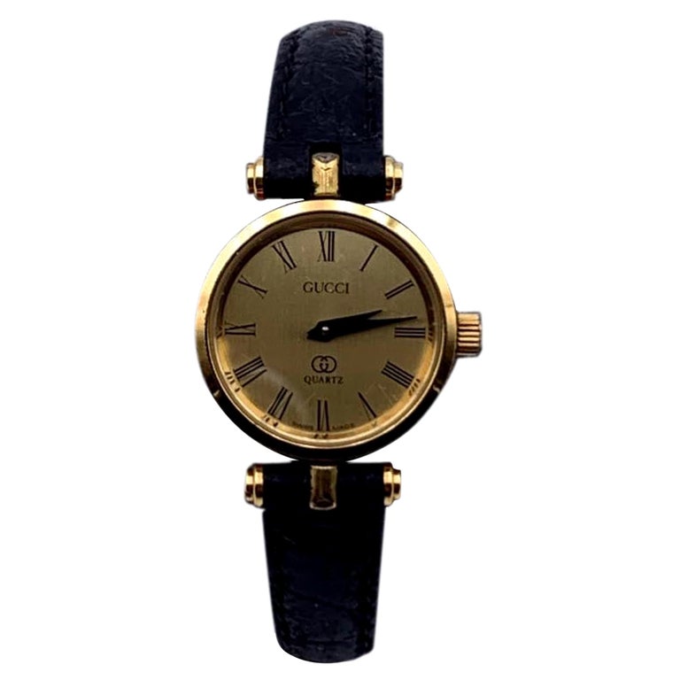 Gucci Vintage Gold Enamel Stainless Steel GG Logo Watch Leather Strap For  Sale at 1stDibs