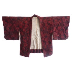 Japanische Vintage-Kimono-Haori-Jacke aus Seide mit Blattwerkdruck aus Seide 