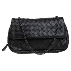 Bottega Veneta Black Intrecciato Leather Mini Flap Chain Crossbody Bag