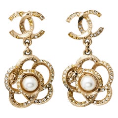 Chanel Pale Gold Tone Crystal Camellia Drop Earrings