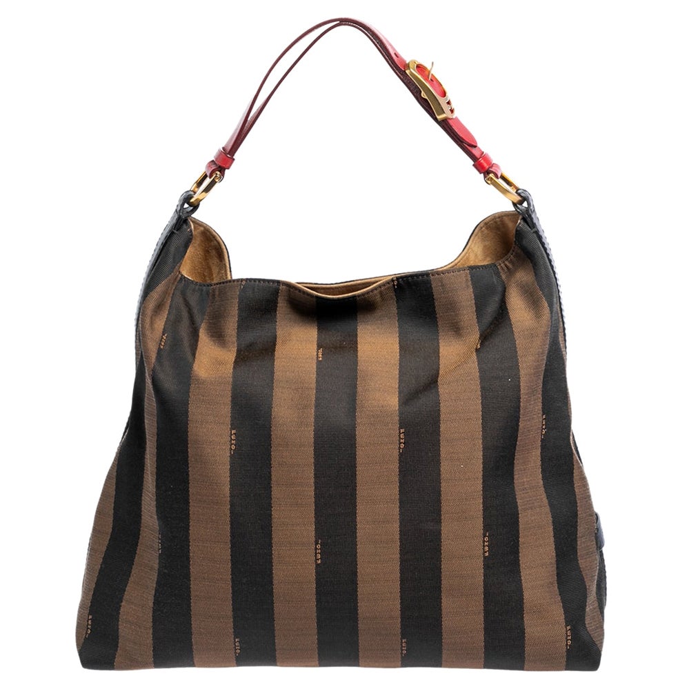 Fendi Tobacco/Red Canvas and Leather Large Pequin Striped Hobo