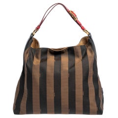 Fendi Tobacco/Red Canvas and Leather Large Pequin Striped Hobo