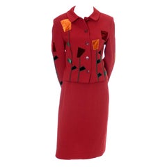 1990s Moschino Vintage Brick Red Skirt Suit Velvet Applique Flowers As New Italy