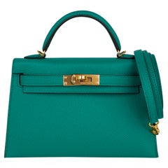 Hermes Kelly 20 Mini Sellier Bag Jade Epsom Leather Gold Hardware New w/Box