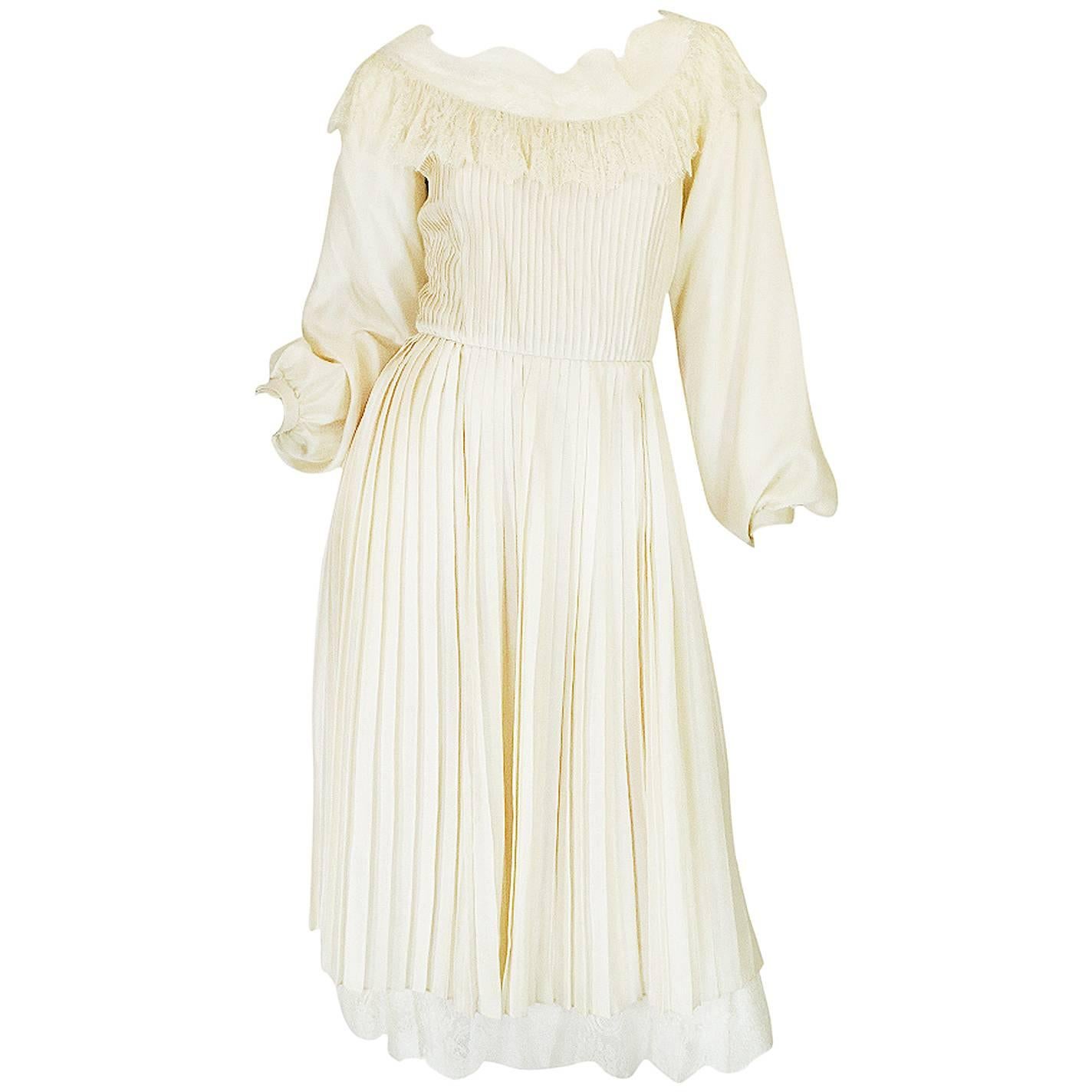 1960s Andre Laug Couture Pleated Cream Silk Dress