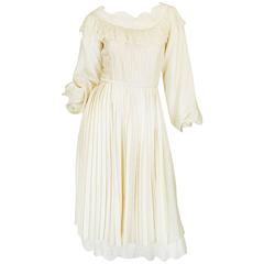 Vintage 1960s Andre Laug Couture Pleated Cream Silk Dress