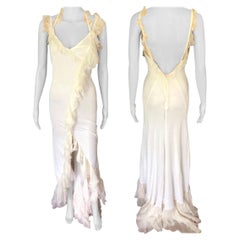 Versace S/S 2004 Plunging Open Back Ruffled Ivory Maxi Evening Dress Gown