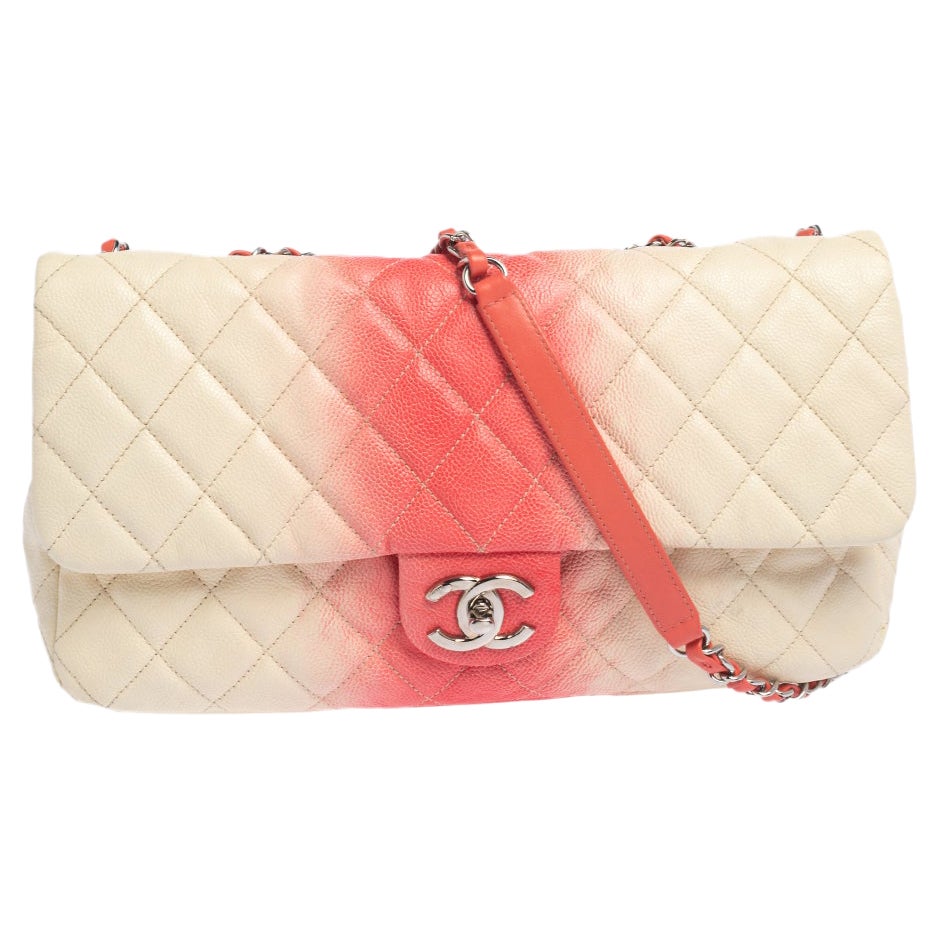 Chanel White/Pink Ombre Quilted Caviar Leather Jumbo Classic Single Flap Bag