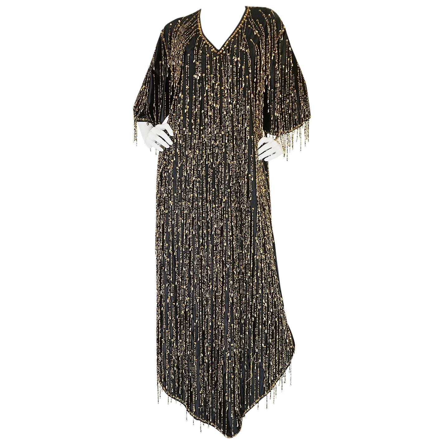Incredible 1970s Completely Gold Beaded Fringe Black Caftan