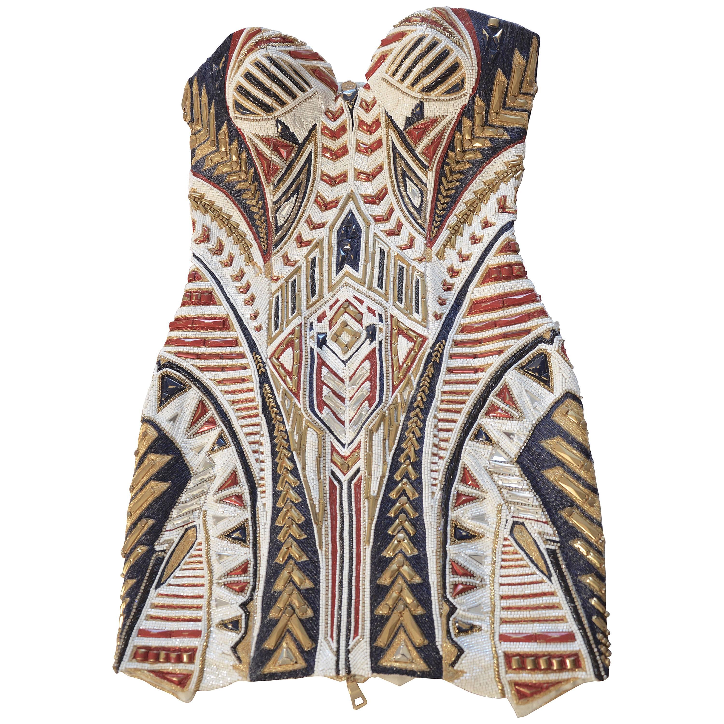 Unique Balmain Olivier Rousteing Body-Molding Mexican-style Embroidered Dress