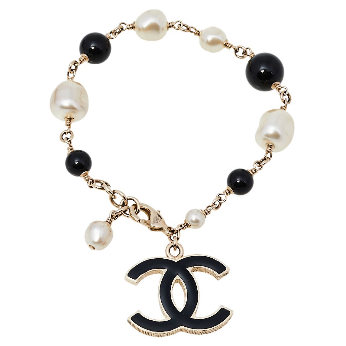 Chanel Faux Pearl Beaded Enamel CC Charm Bracelet at 1stDibs