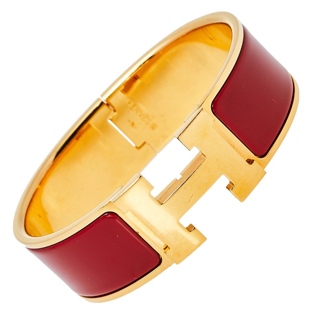 Hermès Clic Clac H Red Enamel Gold Plated Wide Bracelet PM