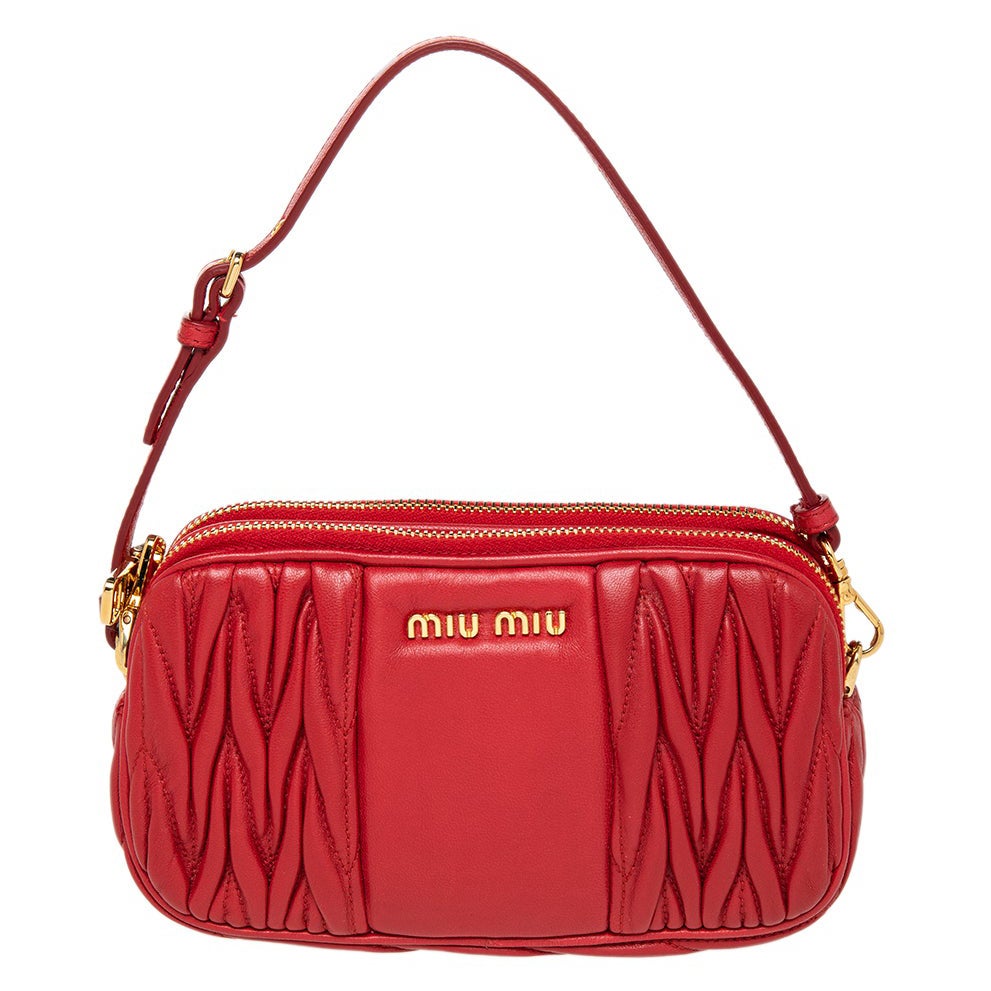 Miu Miu Red Matelassé Leather Double Zip Clutch