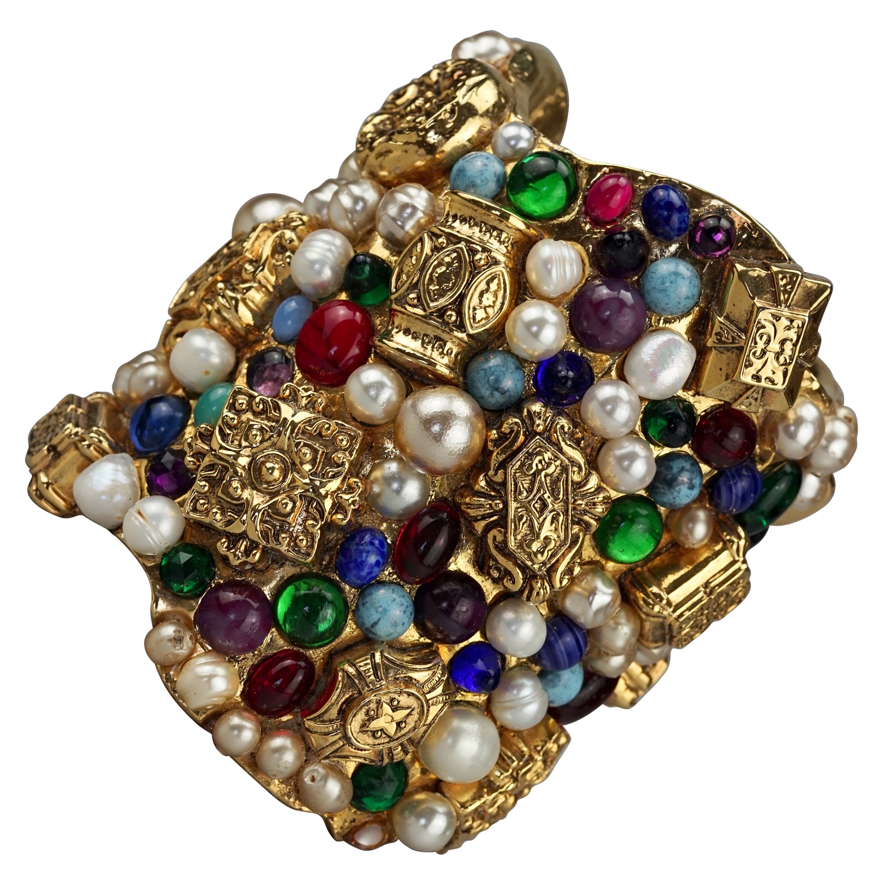 Vintage French Opulent Jewelled Cabochon Pearls Wide Cuff Bracelet For Sale