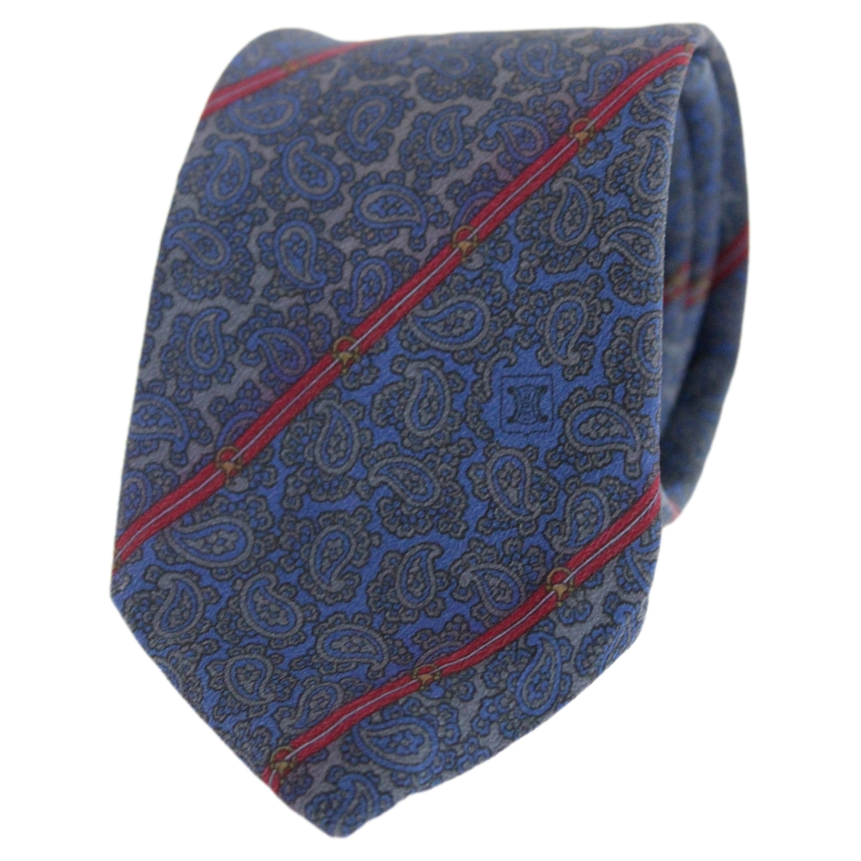 Celine - Cravate classique régimentaire en soie bleue et rouge à motif cachemire en vente