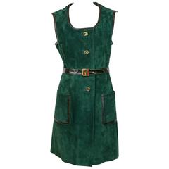 1970's Gucci Green Suede Dress w/Leather Trim & Enamel Gucci Logo Buttons
