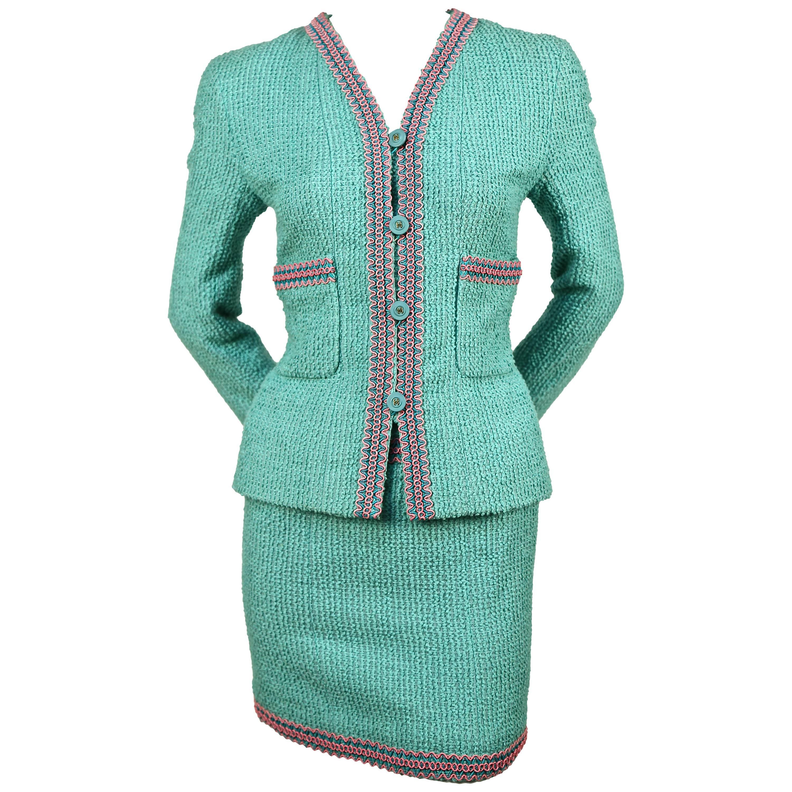 1994 CHANEL turquoise boucle runway 'Scoubidou' suit with braided trim