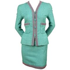 1994 CHANEL turquoise boucle runway 'Scoubidou' suit with braided trim