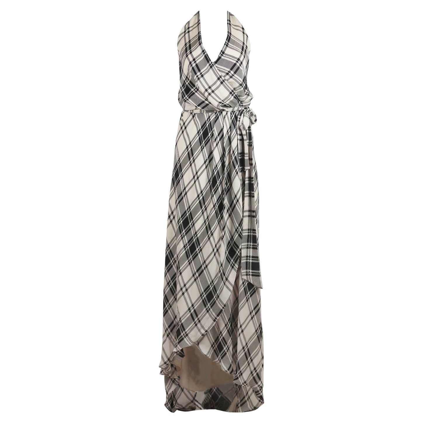 Haute Hippie Wrap Effect Plaid Silk Halterneck Maxi Dress