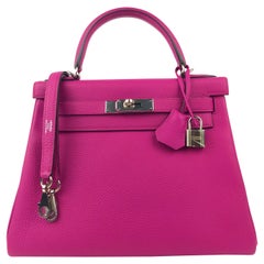 Hermes Kelly 28 Rose Pourpre Pink Purple Togo Leather Palladium Hardware