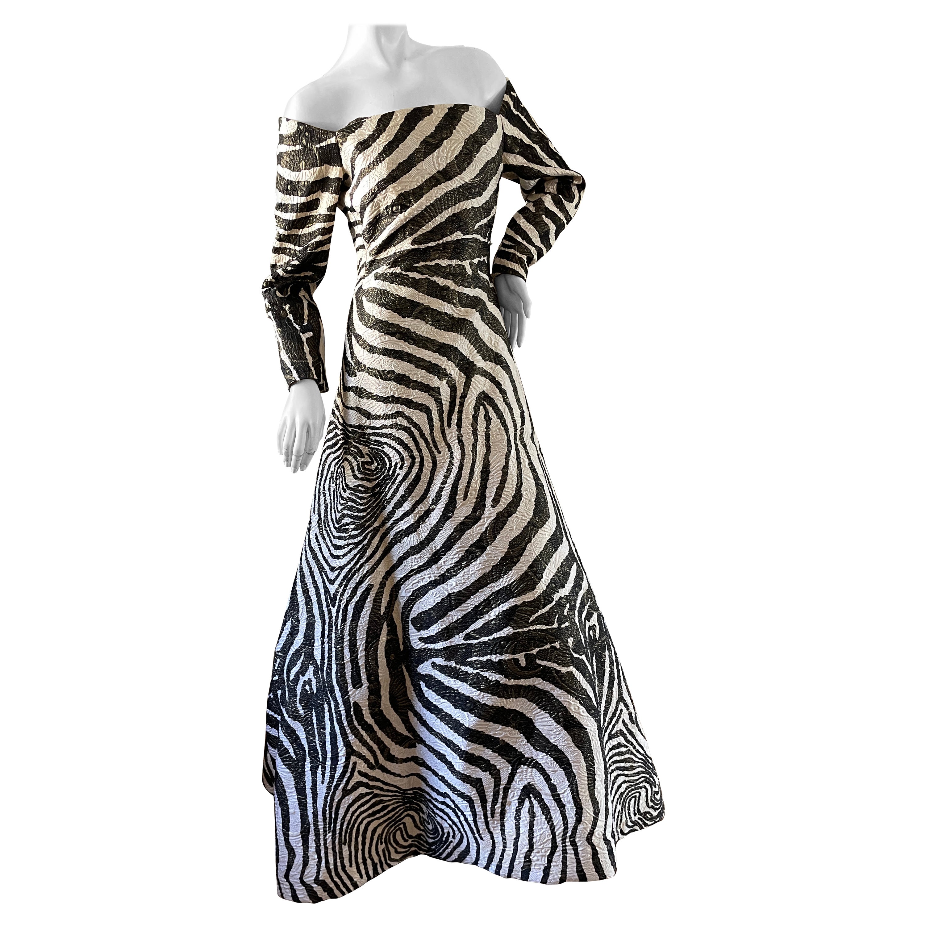 Scaasi Saks Fifth Ave Vintage Off the Shoulder Zebra Pattern Brocade Ball Gown  For Sale