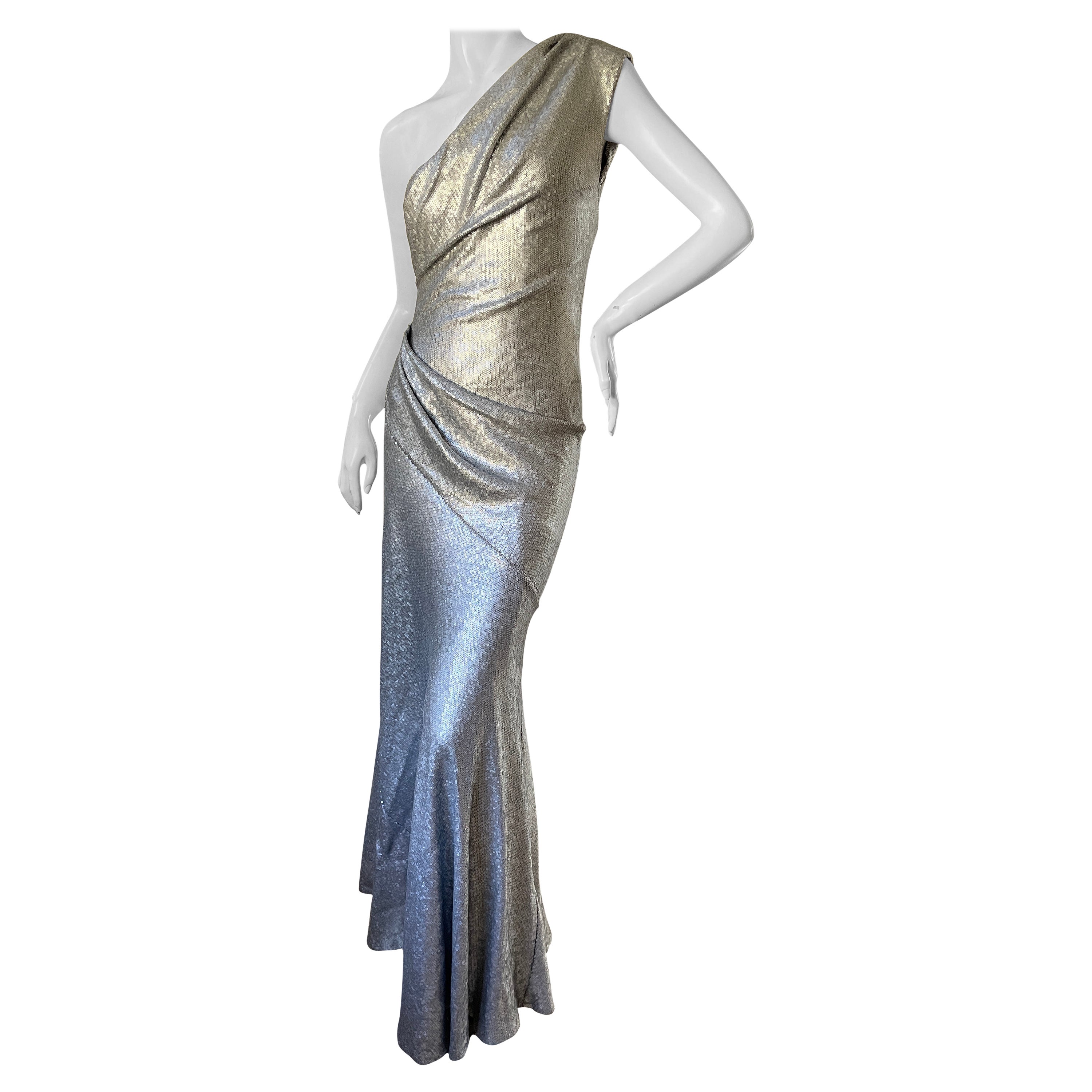 Donna Karan Vintage Matte Silver Sequin One Shoulder Evening Dress For Sale