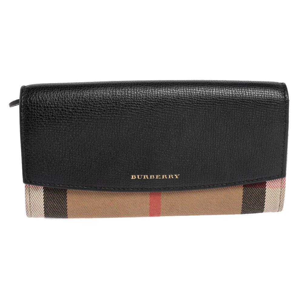 Burberry Black/Beige House Check Canvas and Leather Flap Continental Wallet