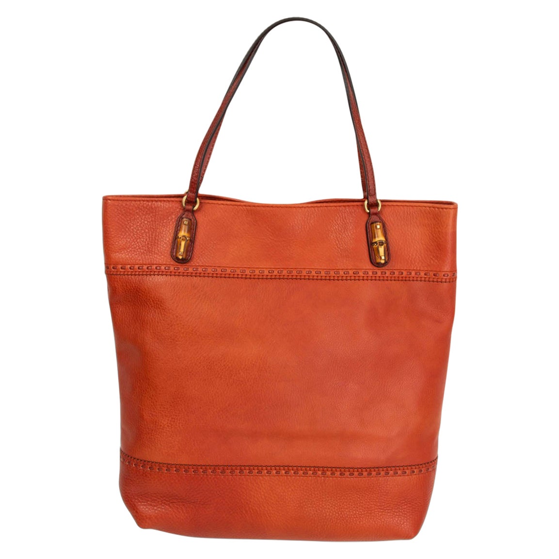 GUCCI brick red leather BAMBOO DETAILED Tote Bag