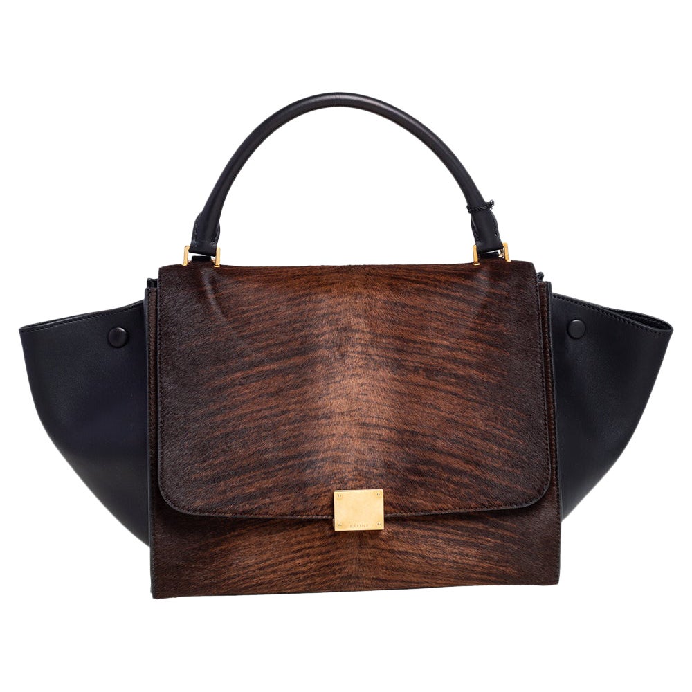 Celine Black/Brown Calf Hair and Leather Medium Trapeze Top Handle Bag